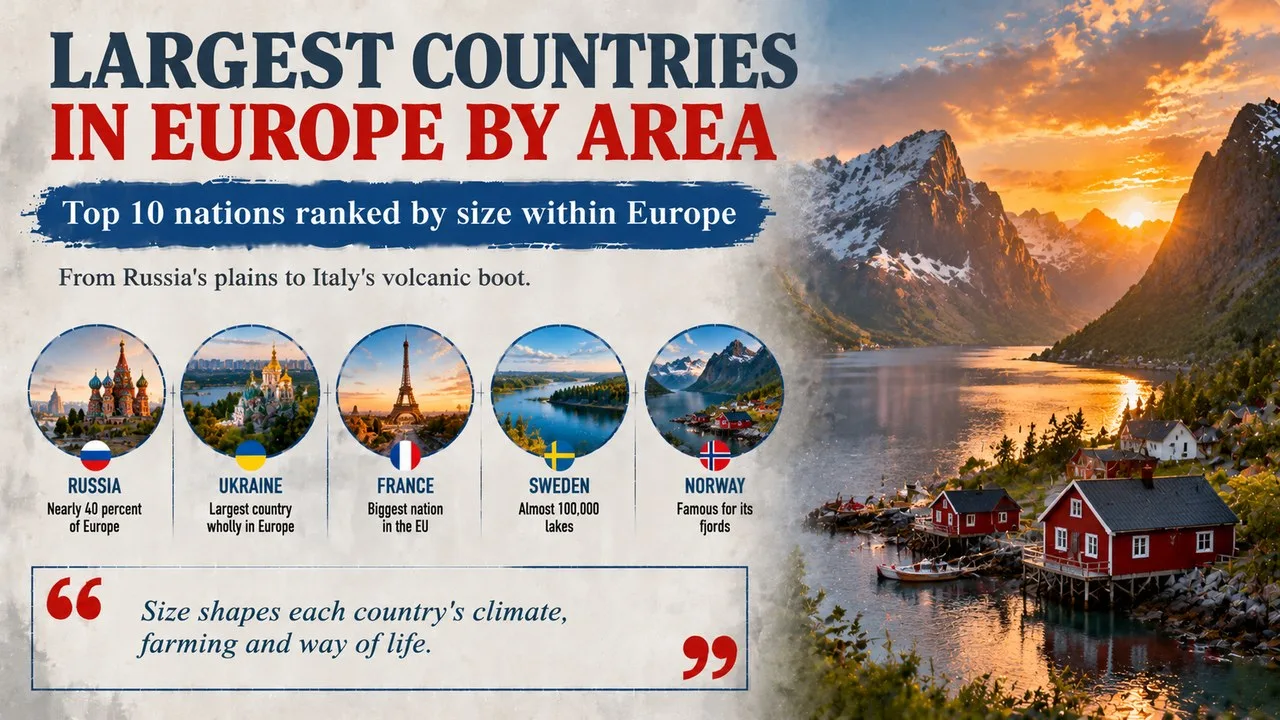 Infographic of the largest countries in Europe by area, showing a Norwegian fjord with a village of red houses, with callouts for Russia, Ukraine, France, Sweden and Norway