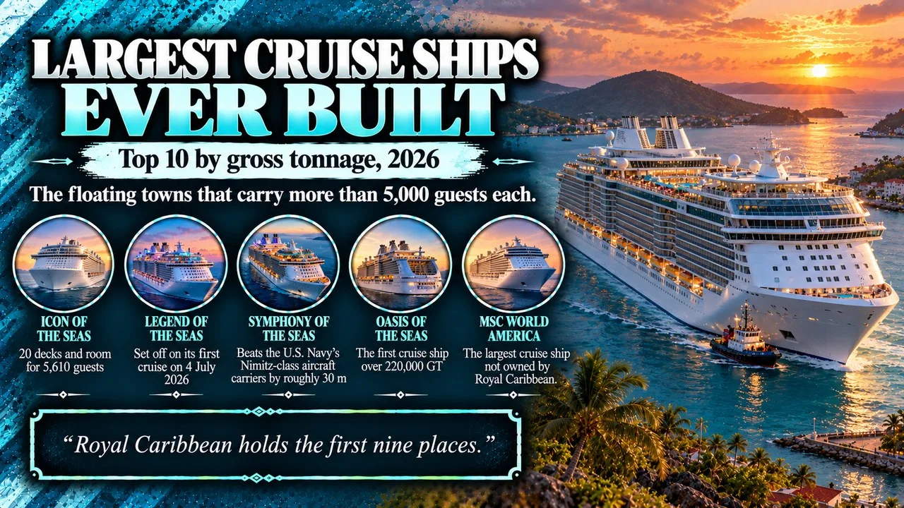 Infographic of the largest cruise ships ever built, showing a giant plain white unmarked cruise ship leaving a tropical harbour at sunset, with callouts for Icon of the Seas, Legend of the Seas, Symphony of the Seas, Oasis of the Seas and MSC World Americ