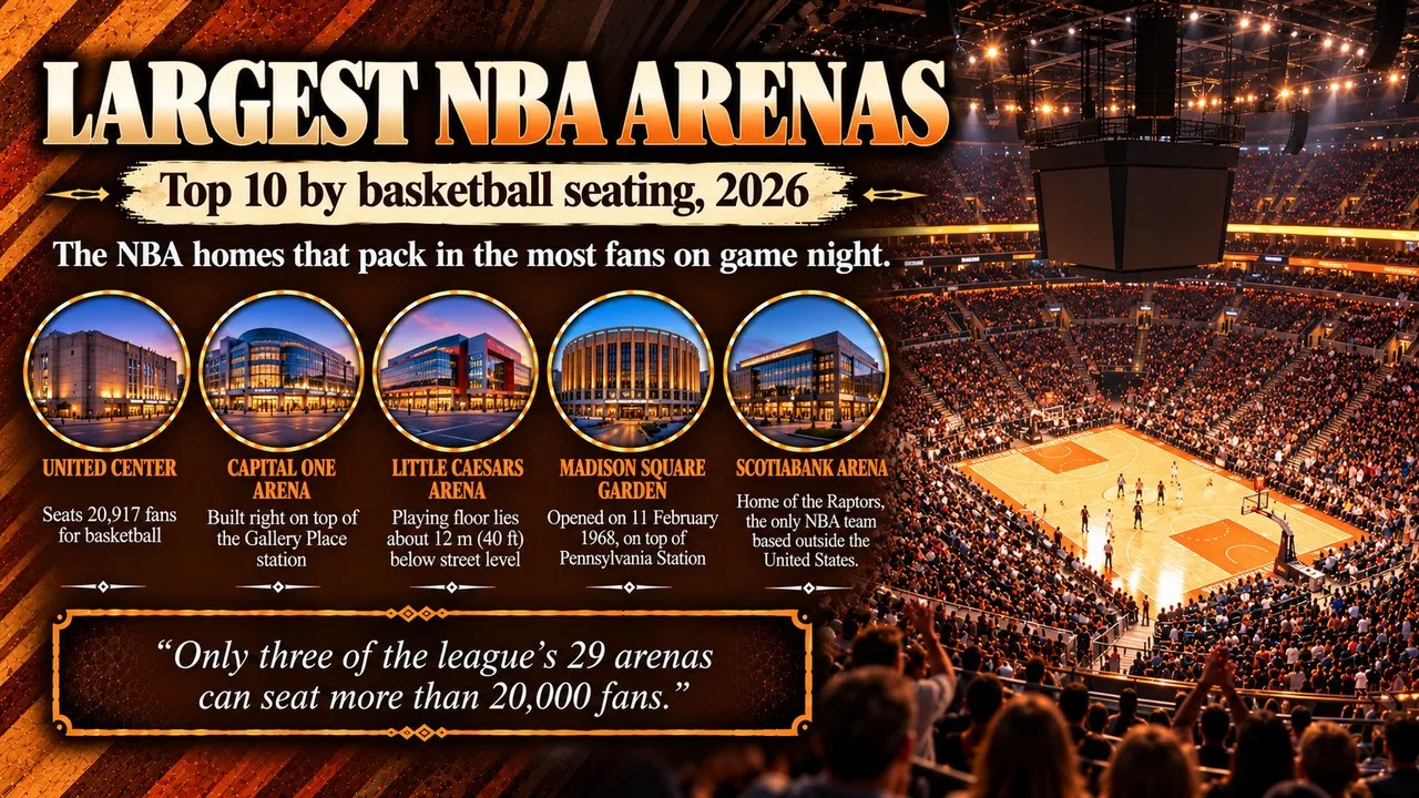 Infographic of the largest NBA arenas, showing a packed indoor basketball arena with a glowing hardwood court, with callouts for United Center, Capital One Arena, Little Caesars Arena, Madison Square Garden and Scotiabank Arena