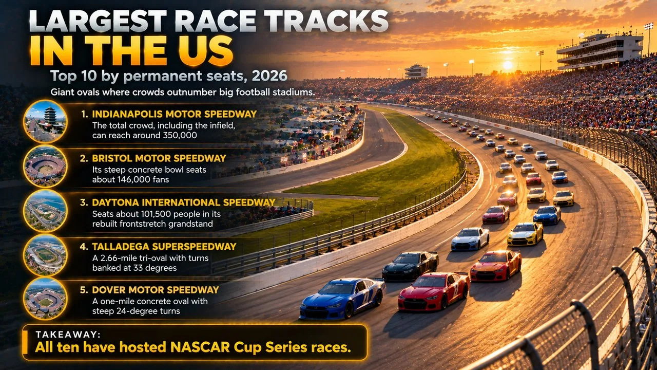 Infographic of the largest race tracks in the US, showing an aerial view of a huge oval with packed grandstands, with callouts for Indianapolis, Bristol, Daytona, Talladega and Dover