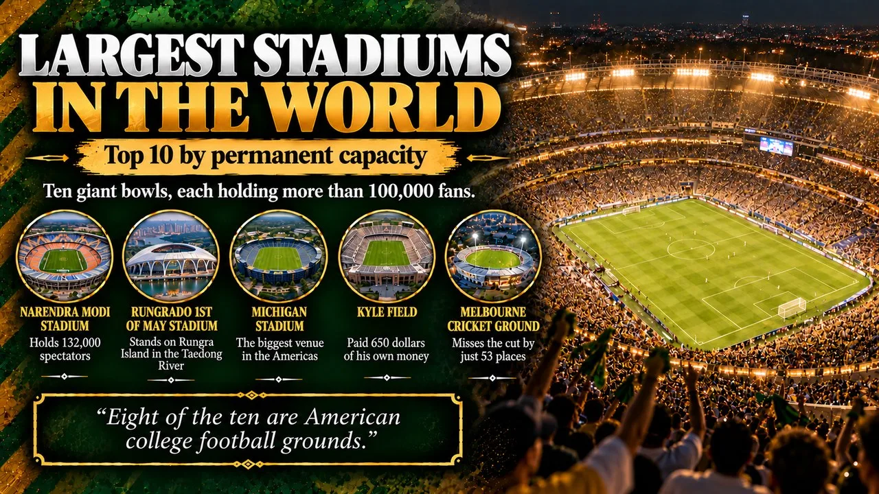 Infographic of the largest stadiums in the world, showing a packed stadium bowl under golden floodlights with a green field, with callouts for the Narendra Modi Stadium, Rungrado 1st of May Stadium, Michigan Stadium, Kyle Field and the Melbourne Cricket G