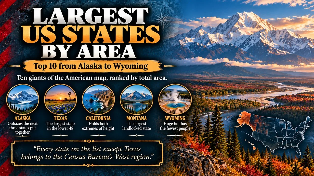 Infographic of the largest US states by area, showing snow-capped Denali in Alaska above a river valley, with callouts for Alaska, Texas, California, Montana and Wyoming