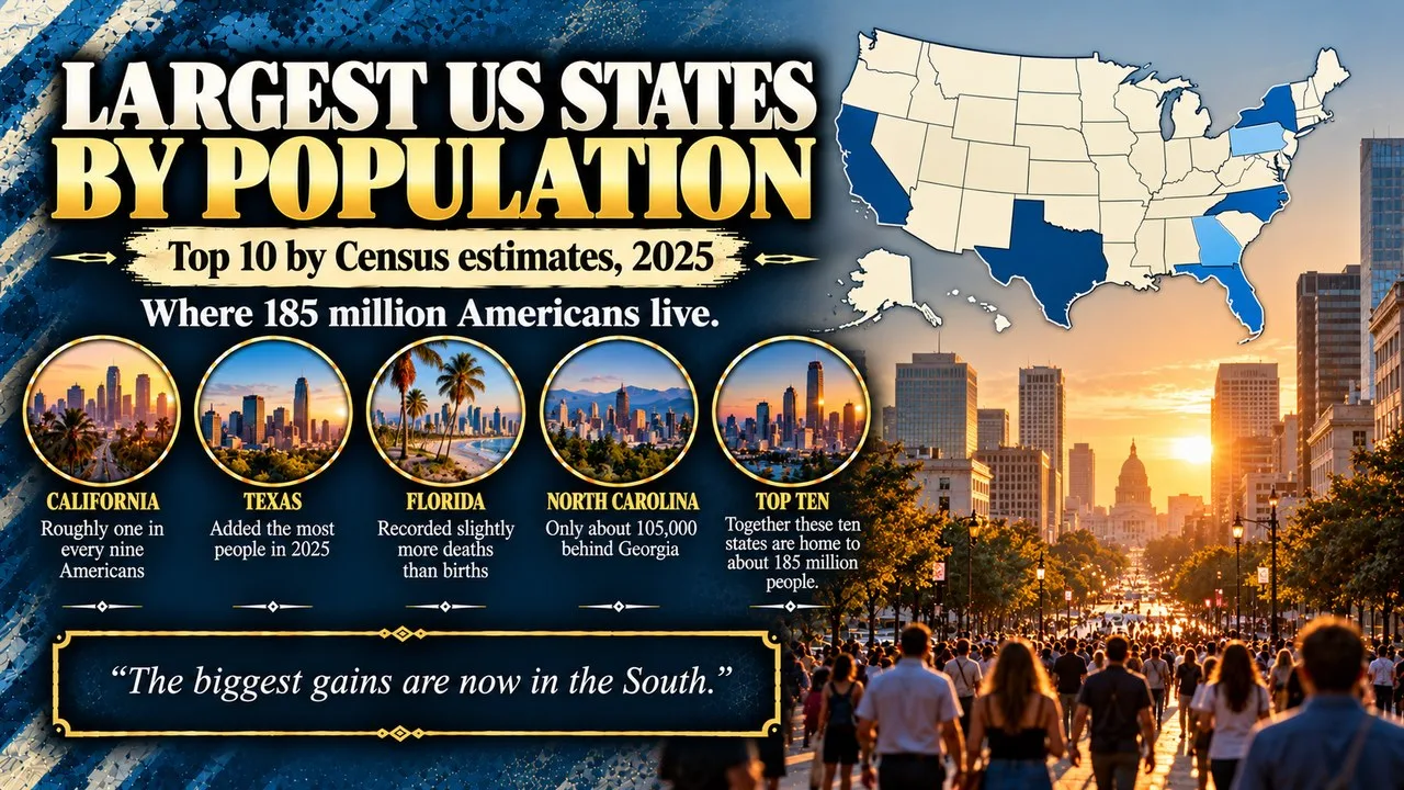 Infographic of the largest US states by population, showing a shaded outline map of the United States beside a busy city street, with callouts for California, Texas, Florida, North Carolina and the top ten total