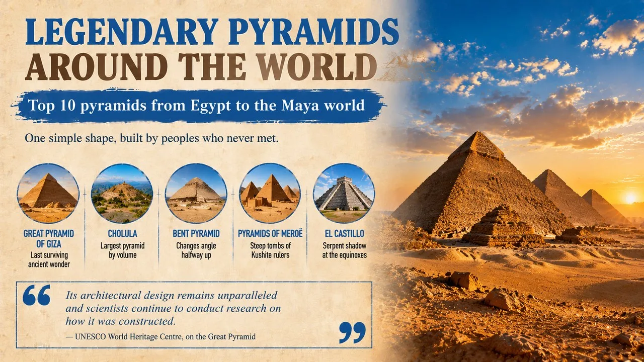 Infographic of legendary pyramids around the world, showing the Giza pyramids under a deep blue sky, with callouts for Giza, Cholula, the Bent Pyramid, Meroë and El Castillo