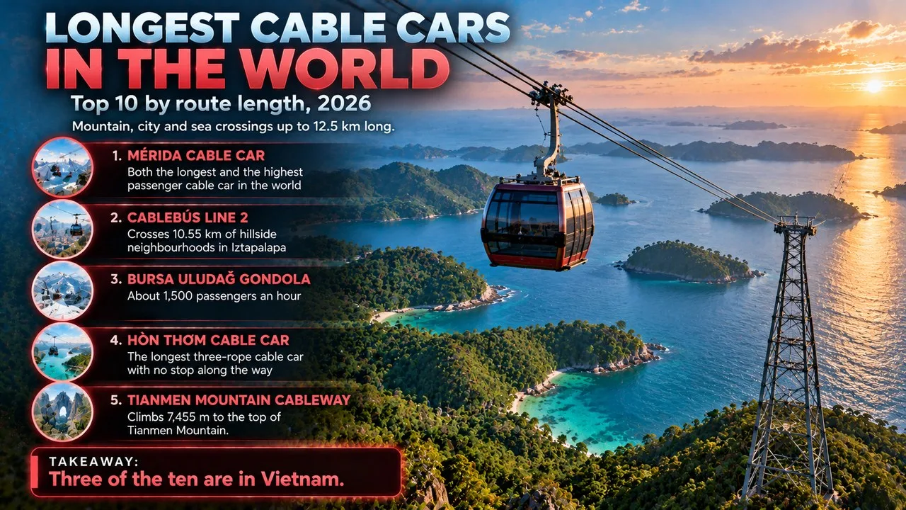 Infographic of the longest cable cars in the world, showing a cabin on steel ropes high above a sea with small islands, with callouts for Mérida, Cablebús Line 2, Bursa Uludağ, Hòn Thơm and Tianmen Mountain