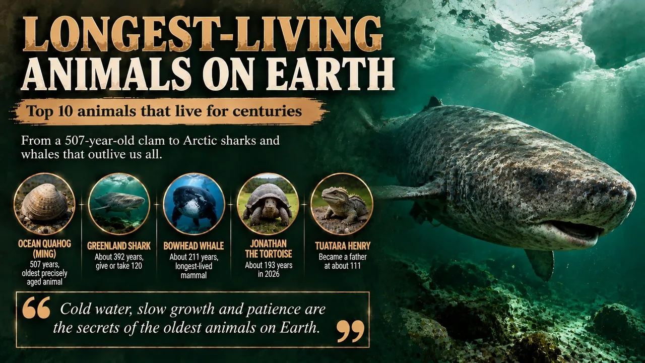 Infographic of the longest-living animals on Earth, showing a Greenland shark in deep water with callouts for the ocean quahog, Greenland shark, bowhead whale, Jonathan the tortoise and the tuatara