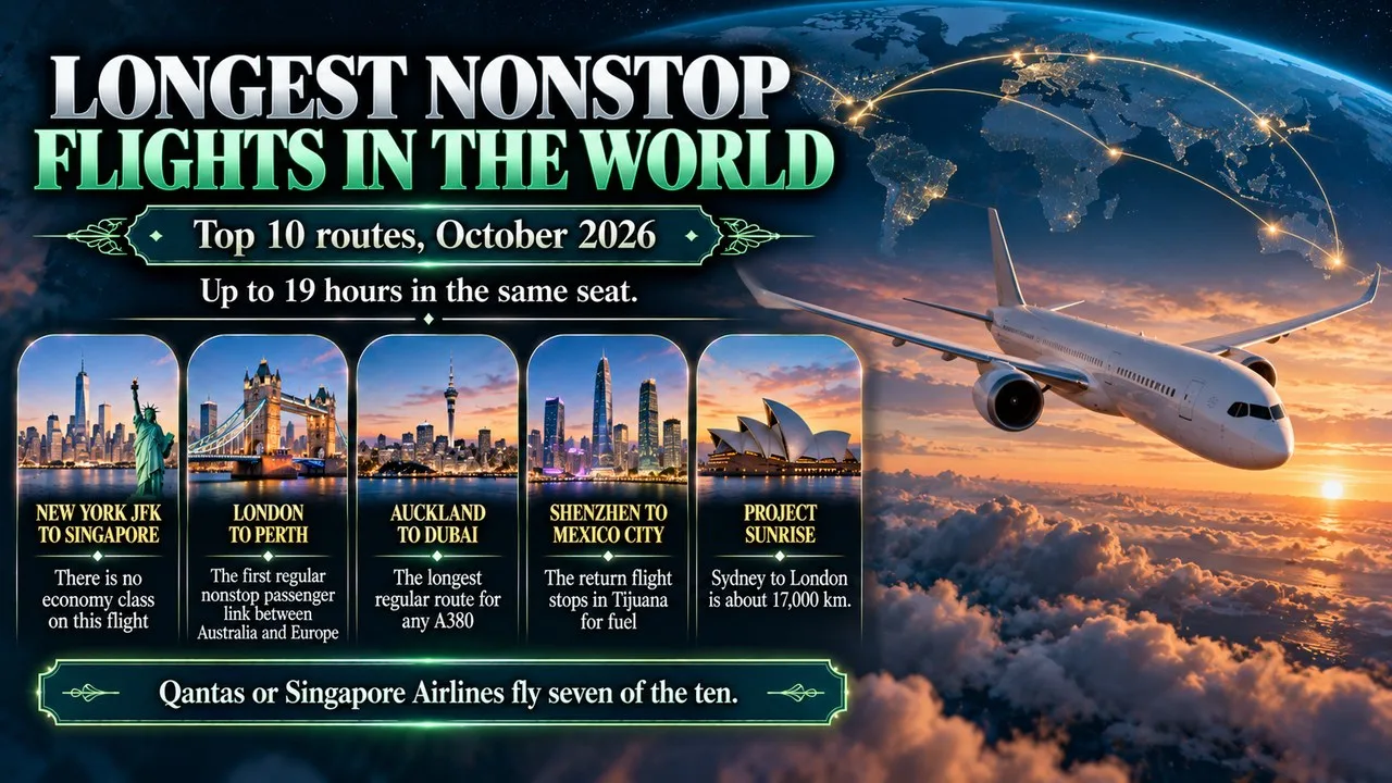 Infographic of the longest nonstop flights in the world, showing an unmarked airliner above the clouds at dusk with a route arc over a globe, with callouts for New York to Singapore, London to Perth, Auckland to Dubai, Shenzhen to Mexico City and Project