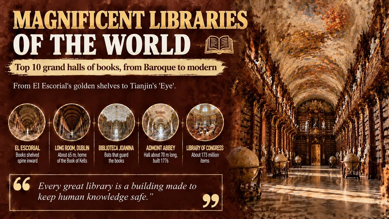Infographic of magnificent libraries of the world, showing a grand Baroque library hall with callouts for El Escorial, the Long Room in Dublin, the Biblioteca Joanina, Admont Abbey and the Library of Congress