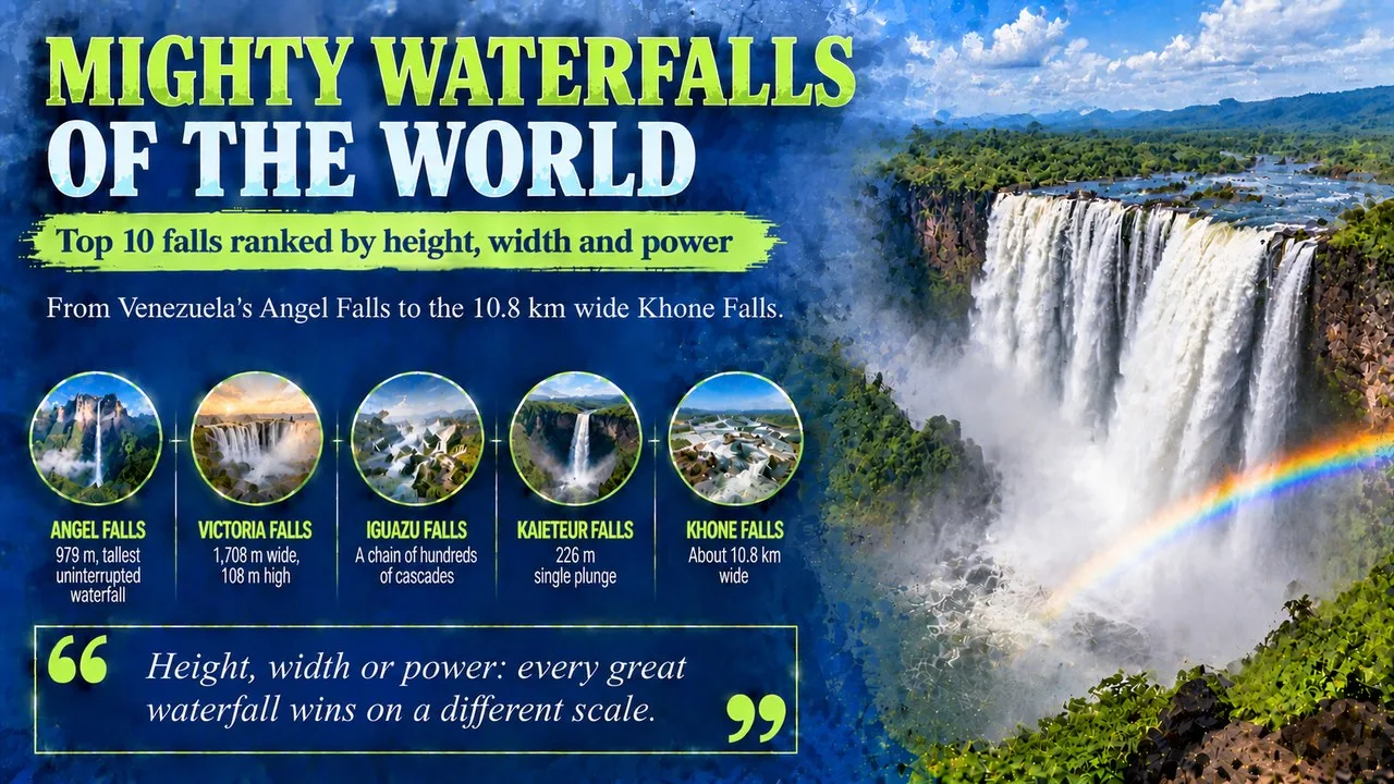Infographic of mighty waterfalls of the world, showing a wide misty waterfall with a rainbow and callouts for Angel Falls, Victoria Falls, Iguazu Falls, Kaieteur Falls and Khone Falls