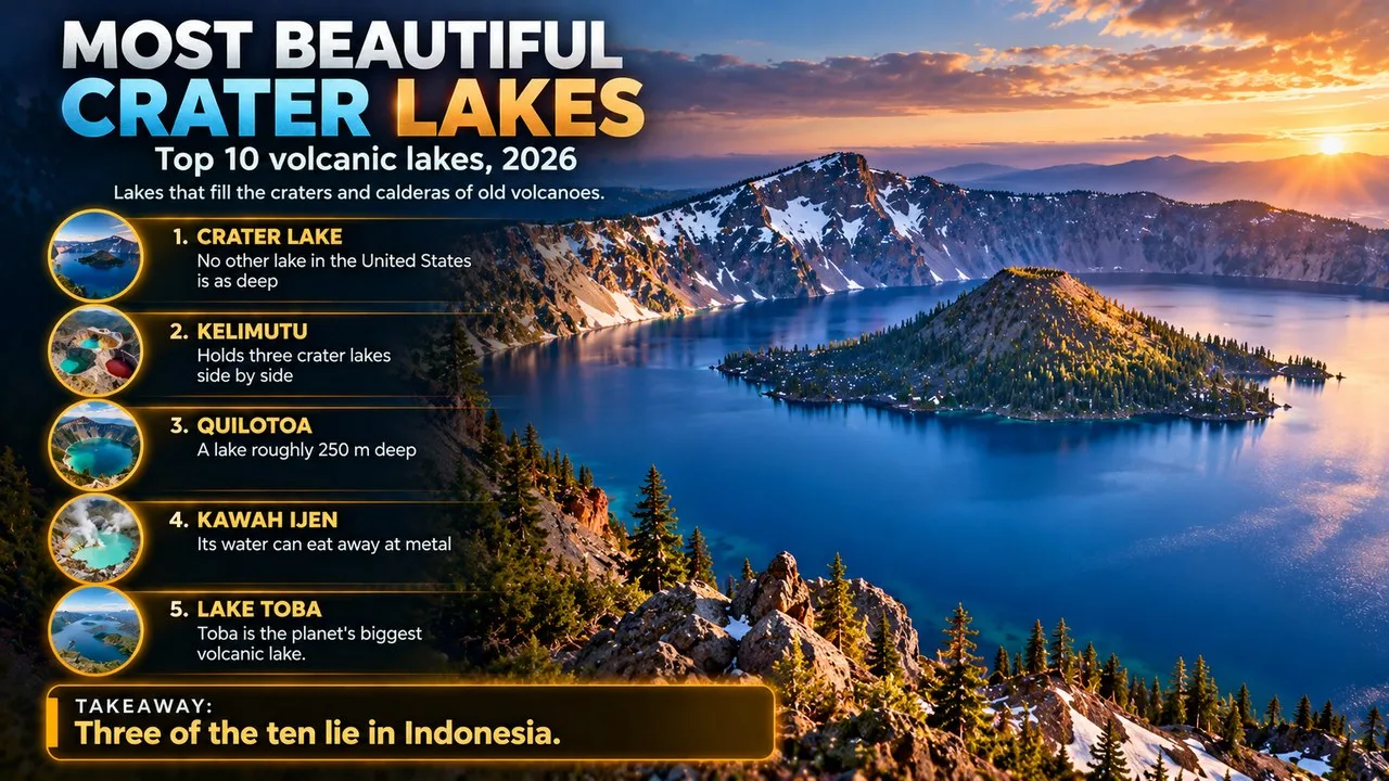 Infographic of the most beautiful crater lakes in the world, showing a deep blue lake inside a volcanic caldera with a small island, with callouts for Crater Lake, Kelimutu, Quilotoa, Kawah Ijen and Lake Toba