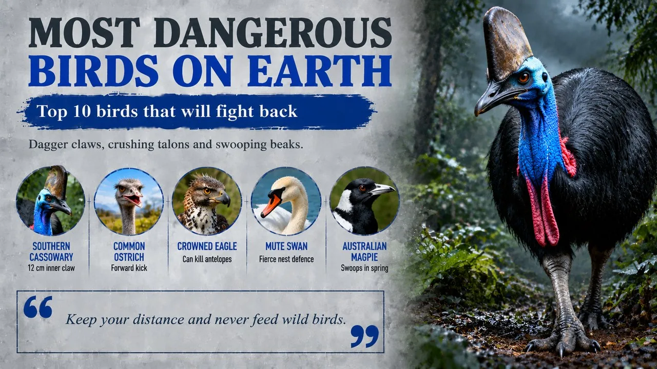 Infographic of the most dangerous birds on Earth, showing a southern cassowary in a rainforest, with callouts for the cassowary, ostrich, crowned eagle, mute swan and Australian magpie