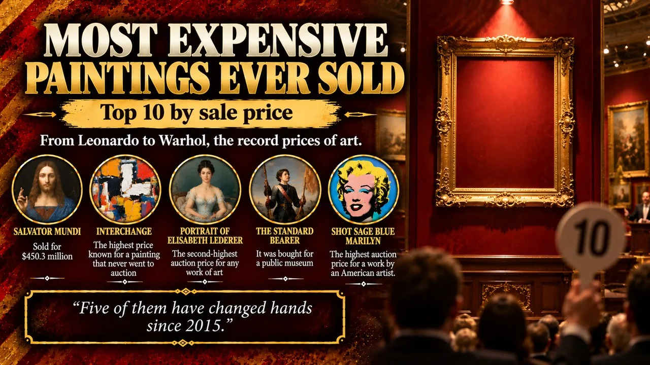 Infographic of the most expensive paintings ever sold, showing a gilded frame on a crimson gallery wall with an auction paddle, with callouts for Salvator Mundi, Interchange, Portrait of Elisabeth Lederer, The Standard Bearer and Shot Sage Blue Marilyn