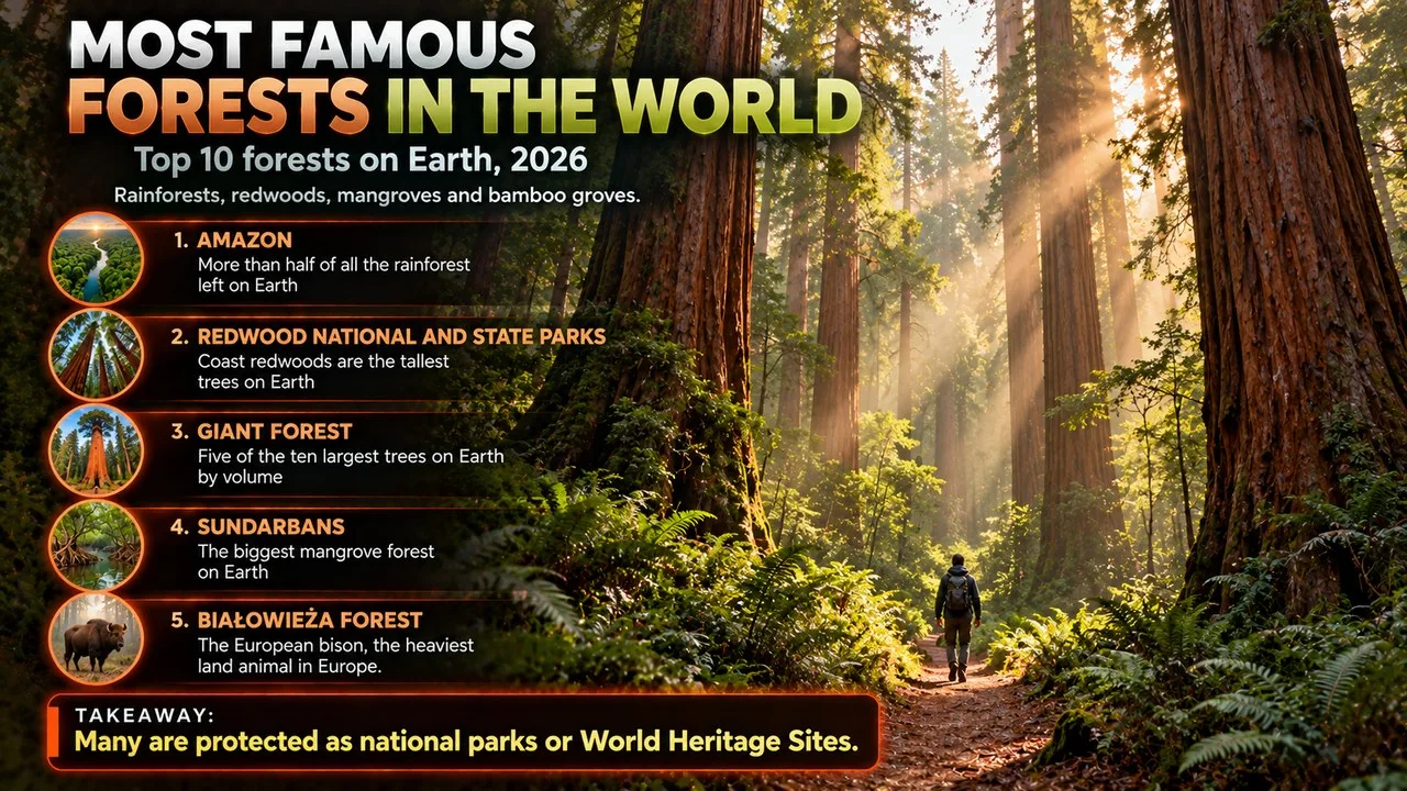 Infographic of the most famous forests in the world, showing towering redwood trees in misty sunlight with ferns below, with callouts for the Amazon, Redwood National and State Parks, Giant Forest, Sundarbans and Białowieża Forest