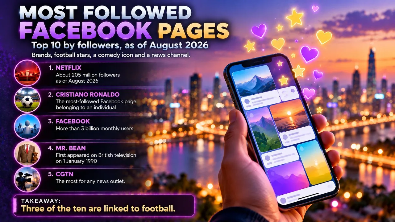 Infographic of the most followed Facebook pages, showing a smartphone with an abstract feed and floating hearts, with callouts for Netflix, Cristiano Ronaldo, Facebook, Mr. Bean and CGTN