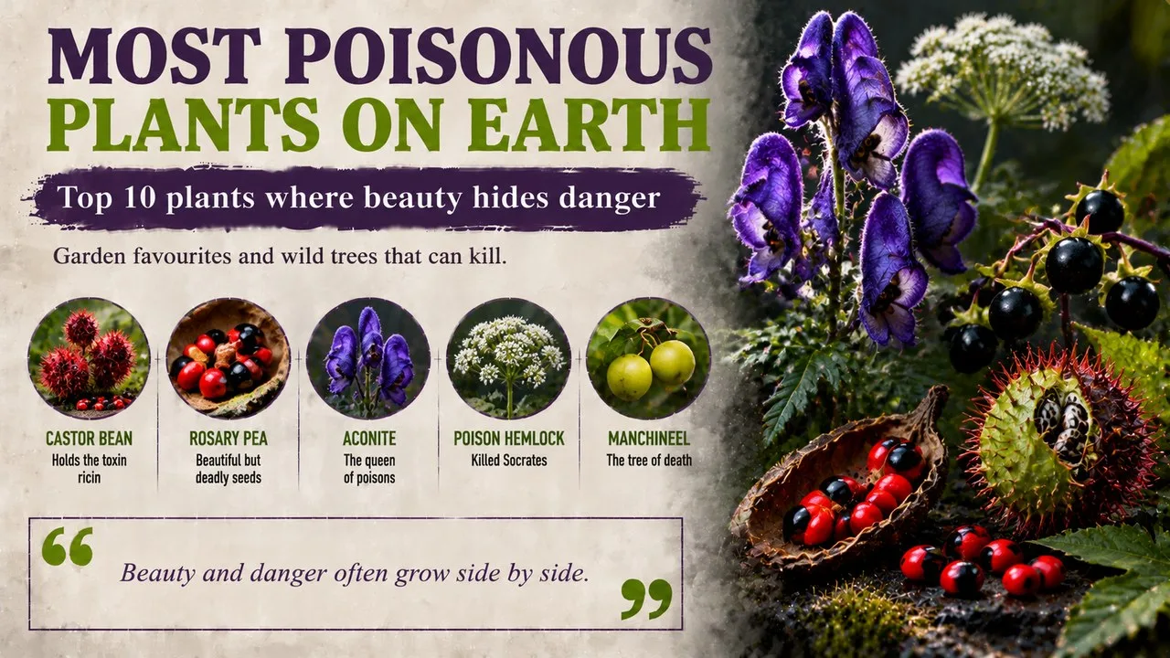 Infographic of the most poisonous plants on Earth, showing monkshood flowers, nightshade berries and rosary pea seeds, with callouts for the castor bean, rosary pea, aconite, poison hemlock and manchineel
