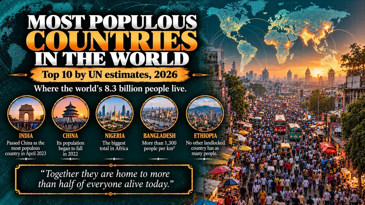 Infographic of the most populous countries in the world, showing a crowded city street from above with a world map overlay, with callouts for India, China, Nigeria, Bangladesh and Ethiopia