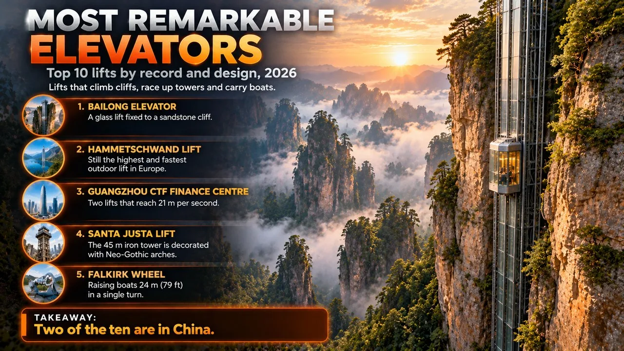 Infographic of the most remarkable elevators in the world, showing a glass elevator climbing a tall sandstone cliff among misty stone pillars, with callouts for the Bailong Elevator, Hammetschwand Lift, Guangzhou CTF Finance Centre, Santa Justa Lift and F