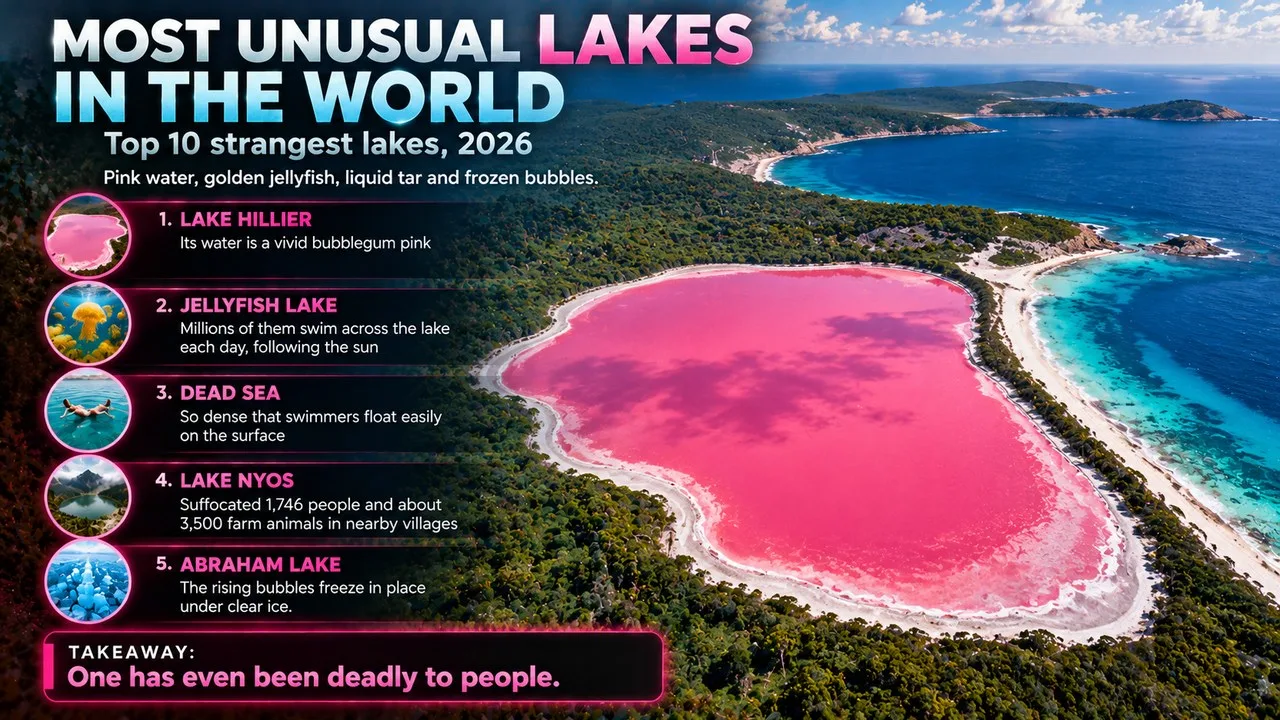Infographic of the most unusual lakes in the world, showing an aerial view of a bright pink lake beside the blue ocean, with callouts for Lake Hillier, Jellyfish Lake, the Dead Sea, Lake Nyos and Abraham Lake