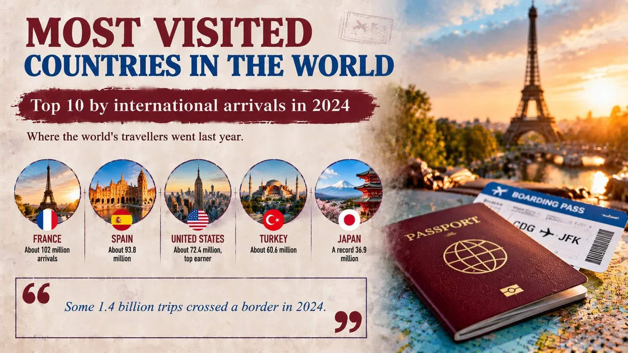 Infographic of the most visited countries in the world, showing a stamped passport on a world map with the Eiffel Tower behind, with callouts for France, Spain, the United States, Turkey and Japan