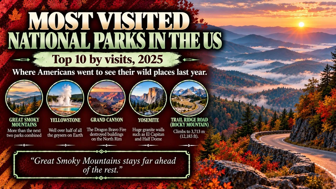 Infographic of the most visited national parks in the US, showing misty forested mountain ridges at sunrise, with callouts for Great Smoky Mountains, Yellowstone, Grand Canyon, Yosemite and Rocky Mountain