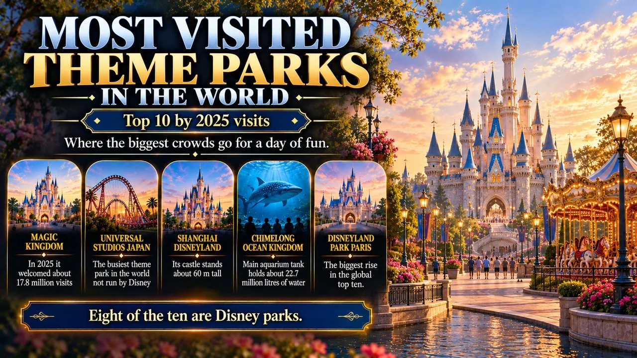 Infographic of the most visited theme parks in the world, showing a fairy-tale castle at the end of a sunny park avenue, with callouts for Magic Kingdom, Universal Studios Japan, Shanghai Disneyland, Chimelong Ocean Kingdom and Disneyland Park Paris