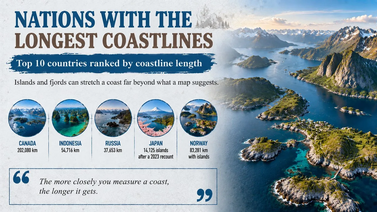 Infographic of nations with the longest coastlines, showing an aerial view of an island-studded coast with fjords, with callouts for Canada, Indonesia, Russia, Japan and Norway