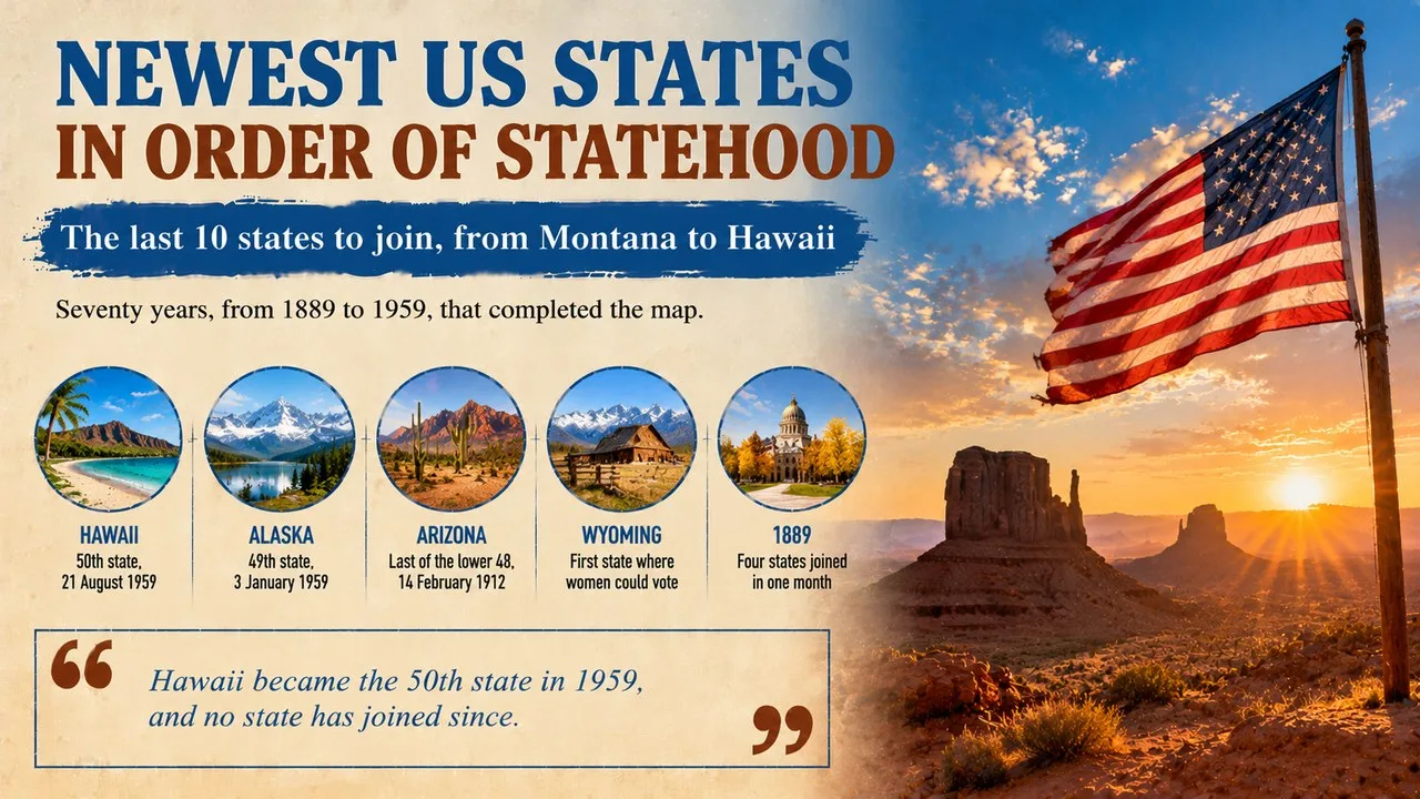 Infographic of the newest US states in order of statehood, showing desert buttes and a US flag at golden hour, with callouts for Hawaii, Alaska, Arizona, Wyoming and the four states of 1889