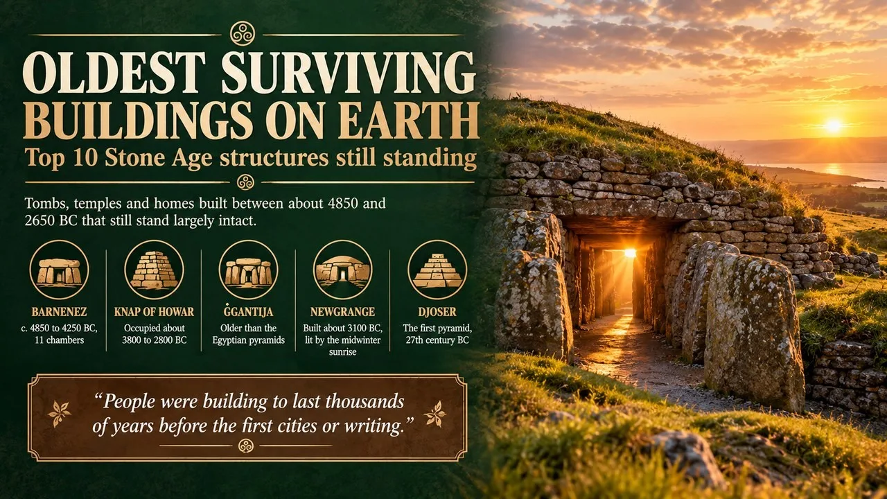 Infographic of the oldest surviving buildings on Earth, showing a Neolithic stone tomb at sunrise with callouts for Barnenez, Knap of Howar, Ġgantija, Newgrange and the Pyramid of Djoser