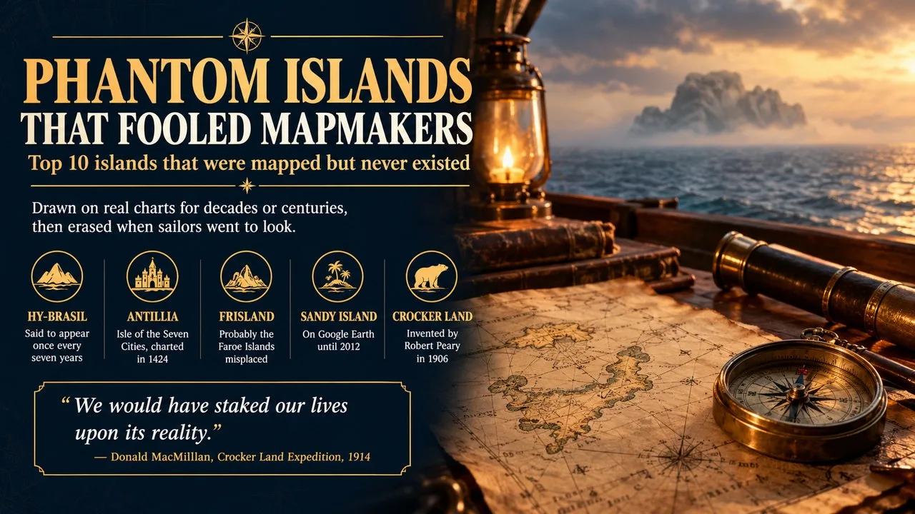 Infographic of phantom islands that fooled mapmakers, showing an old sea chart, a misty ocean and callouts for Hy-Brasil, Antillia, Frisland, Sandy Island and Crocker Land