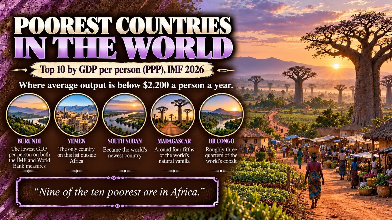 Infographic of the poorest countries in the world, showing a rural landscape at dawn with farm plots, a dirt road and baobab trees, with callouts for Burundi, Yemen, South Sudan, Madagascar and DR Congo