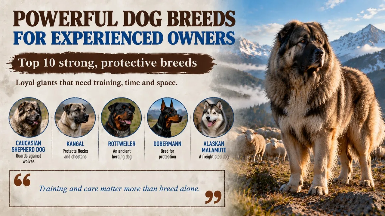 Infographic of powerful dog breeds for experienced owners, showing a Caucasian Shepherd Dog guarding sheep on a mountain, with callouts for the Caucasian Shepherd, Kangal, Rottweiler, Dobermann and Alaskan Malamute