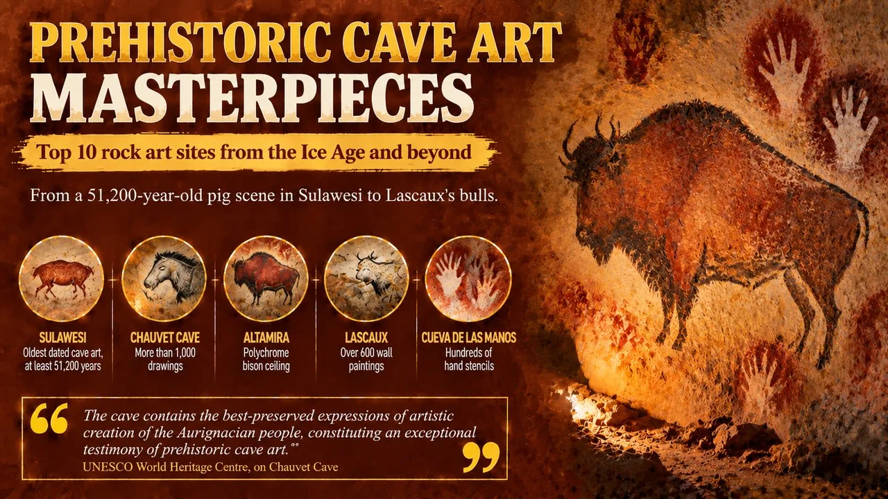 Infographic of prehistoric cave art masterpieces, showing red hand stencils and a painted bison on a cave wall with callouts for Sulawesi, Chauvet Cave, Altamira, Lascaux and Cueva de las Manos