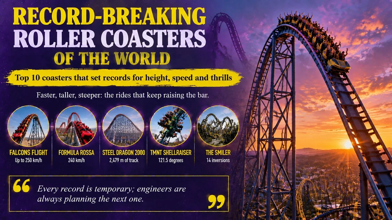 Infographic of record-breaking roller coasters of the world, showing a tall steel coaster at dusk, with callouts for Falcons Flight, Formula Rossa, Steel Dragon 2000, TMNT Shellraiser and The Smiler