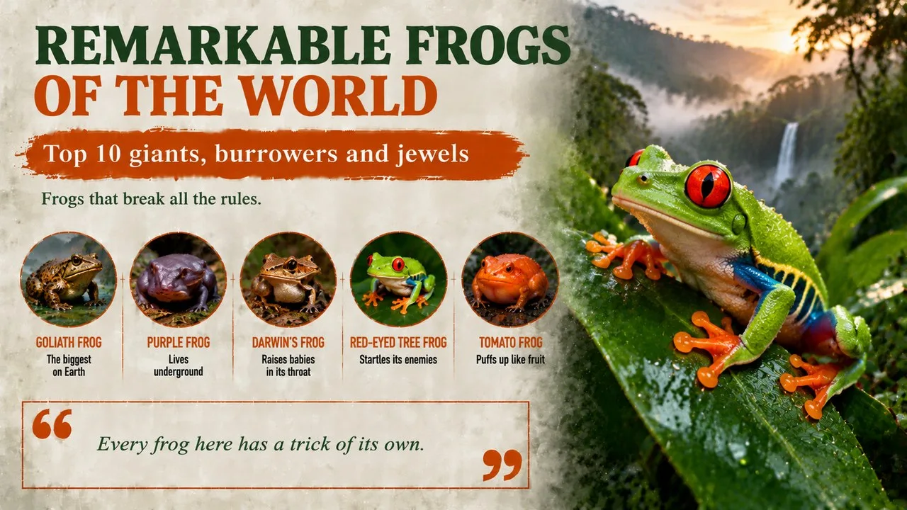 Infographic of remarkable frogs of the world, showing a red-eyed tree frog on a rainforest leaf, with callouts for the goliath frog, purple frog, Darwin's frog, red-eyed tree frog and tomato frog