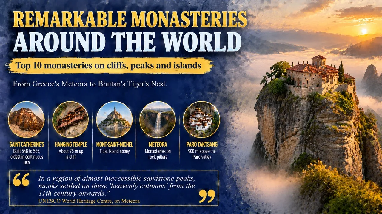 Infographic of remarkable monasteries around the world, showing a monastery on a rock pillar at sunrise with callouts for Saint Catherine's, the Hanging Temple, Mont-Saint-Michel, Meteora and Paro Taktsang
