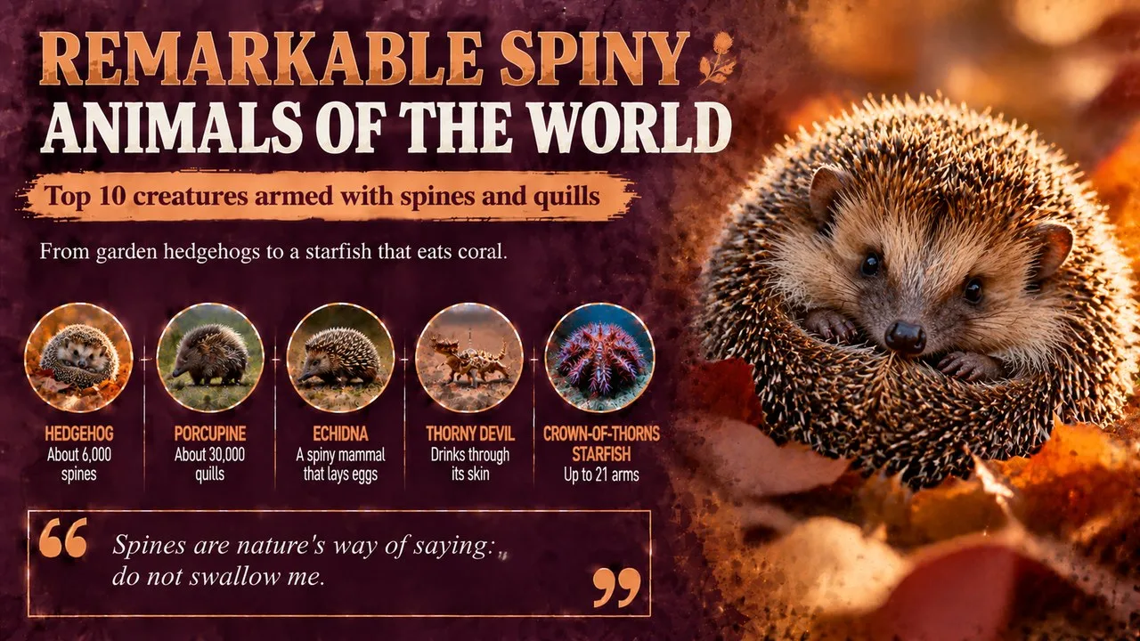 Infographic of remarkable spiny animals of the world, showing a hedgehog on autumn leaves with callouts for the hedgehog, North American porcupine, echidna, thorny devil and crown-of-thorns starfish