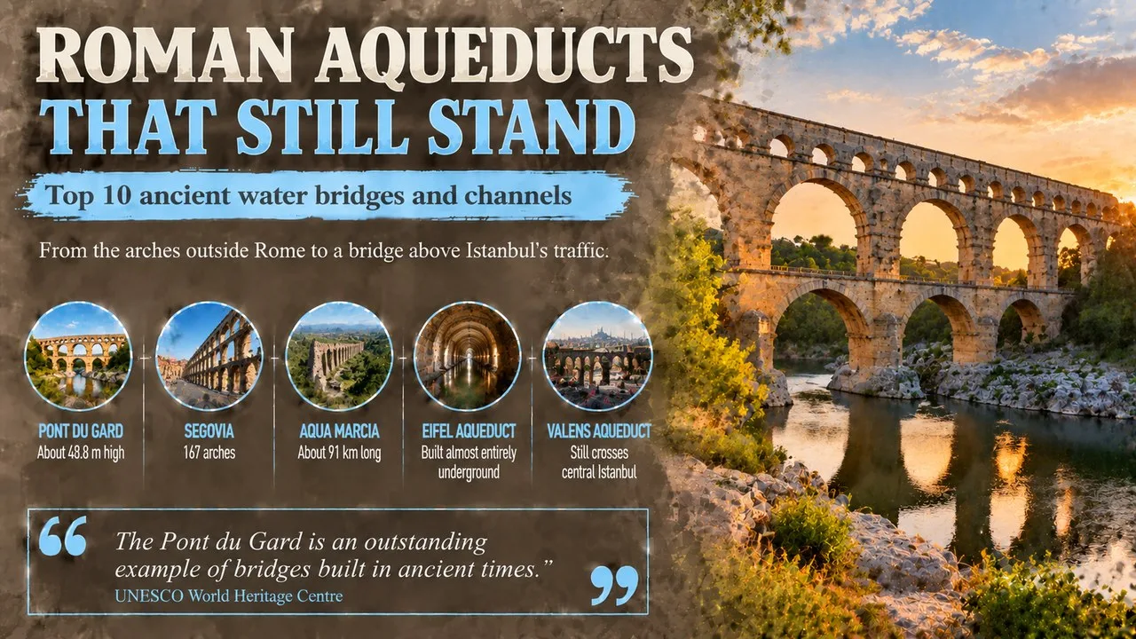 Infographic of Roman aqueducts that still stand, showing a three-tier stone aqueduct bridge over a river and callouts for the Pont du Gard, Aqueduct of Segovia, Aqua Marcia, Eifel Aqueduct and Valens Aqueduct