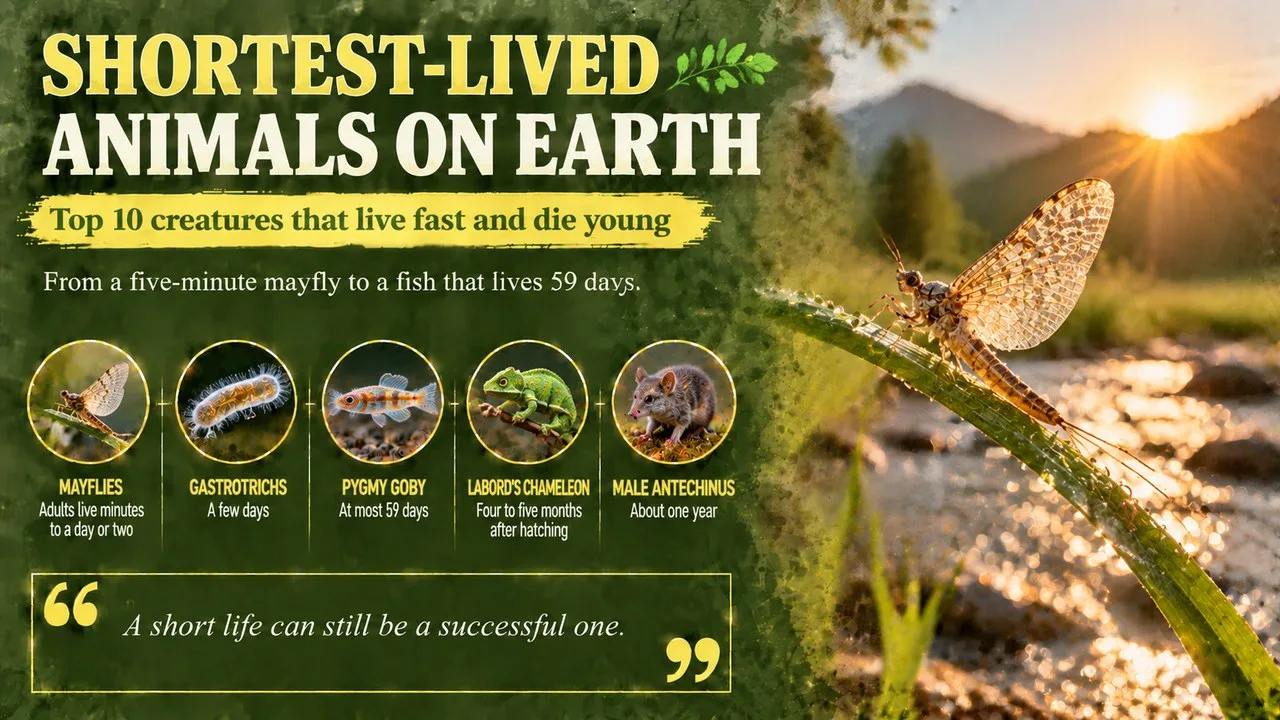 Infographic of the shortest-lived animals on Earth, showing a mayfly on a reed by a stream with callouts for mayflies, gastrotrichs, the pygmy goby, Labord's chameleon and the male antechinus
