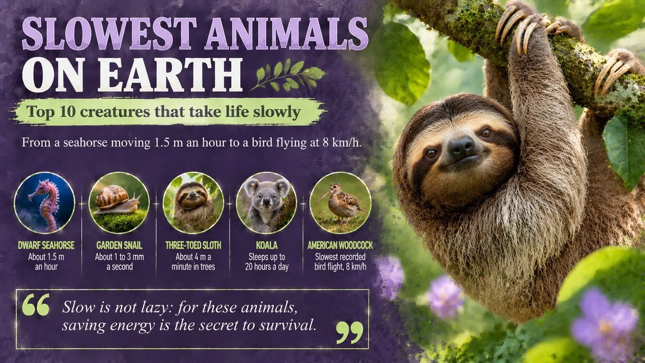 Infographic of the slowest animals on Earth, showing a sloth hanging from a branch with callouts for the dwarf seahorse, garden snail, three-toed sloth, koala and American woodcock