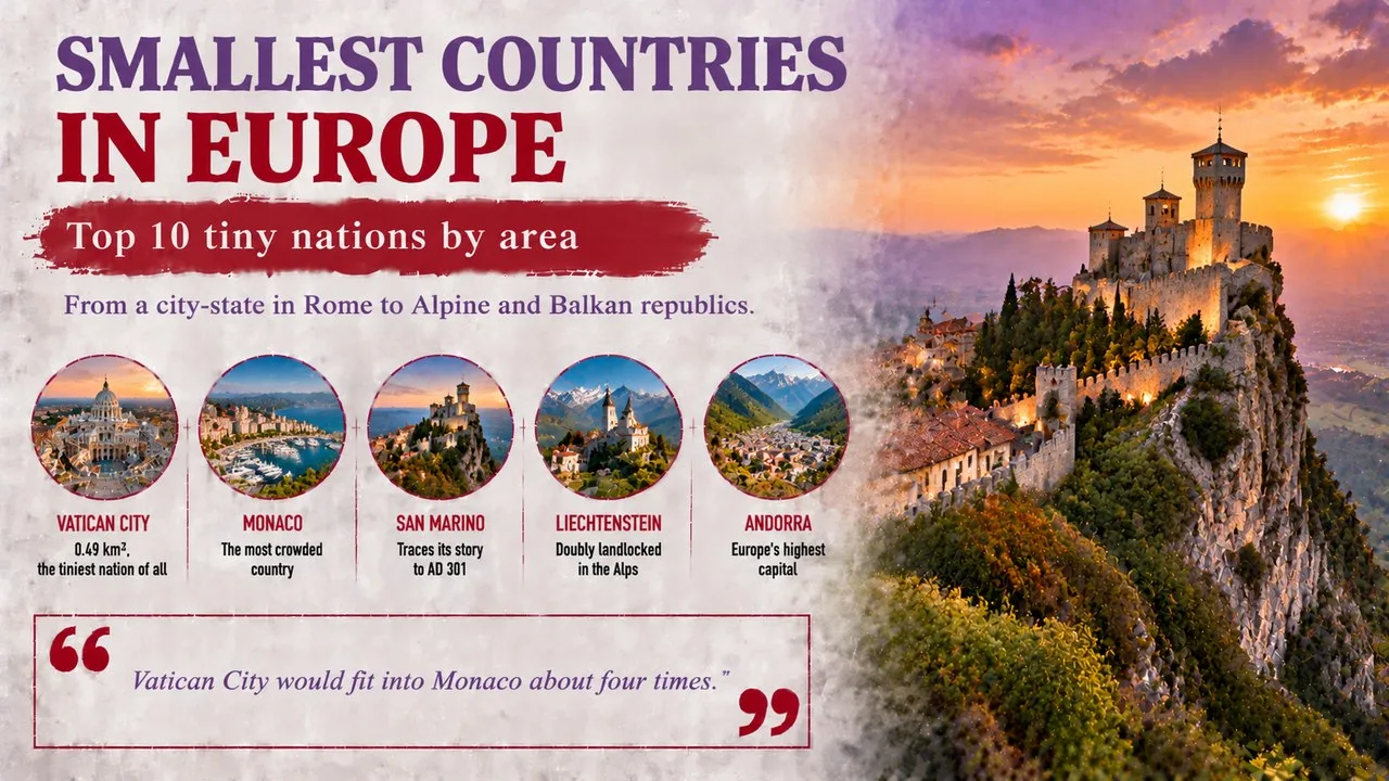 Infographic of the smallest countries in Europe, showing a hilltop fortress town on a rocky ridge at sunset, with callouts for Vatican City, Monaco, San Marino, Liechtenstein and Andorra