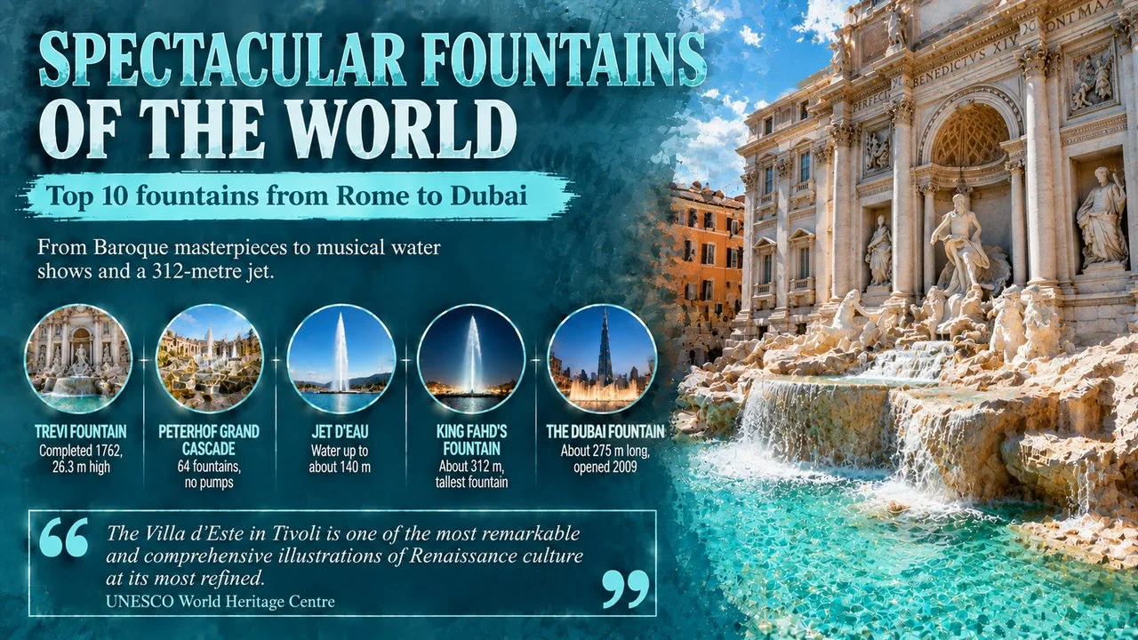 Infographic of spectacular fountains of the world, showing a Baroque marble fountain with aqua water and callouts for the Trevi Fountain, Peterhof, the Jet d'Eau, King Fahd's Fountain and the Dubai Fountain