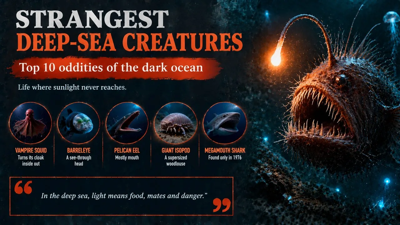 Infographic of the strangest deep-sea creatures, showing a dark ocean scene with glowing lights in black water, with callouts for the vampire squid, barreleye, pelican eel, giant isopod and megamouth shark