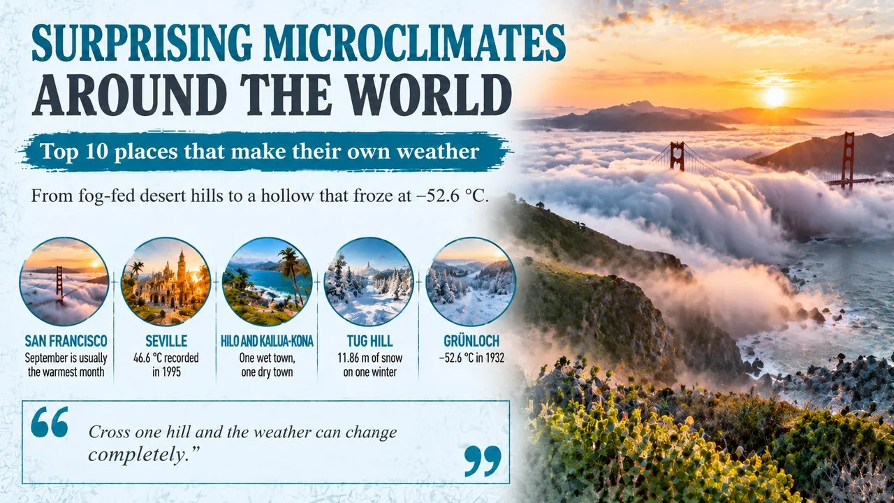 Infographic of surprising microclimates around the world, showing sea fog rolling over coastal hills with callouts for San Francisco, Seville, Hilo and Kailua-Kona, Tug Hill and the Grünloch