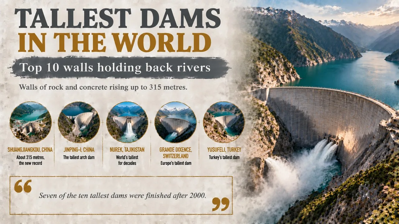 Infographic of the tallest dams in the world, showing a curved concrete dam in a steep mountain gorge with a reservoir behind it, with callouts for Shuangjiangkou, Jinping-I, Nurek, Grande Dixence and Yusufeli