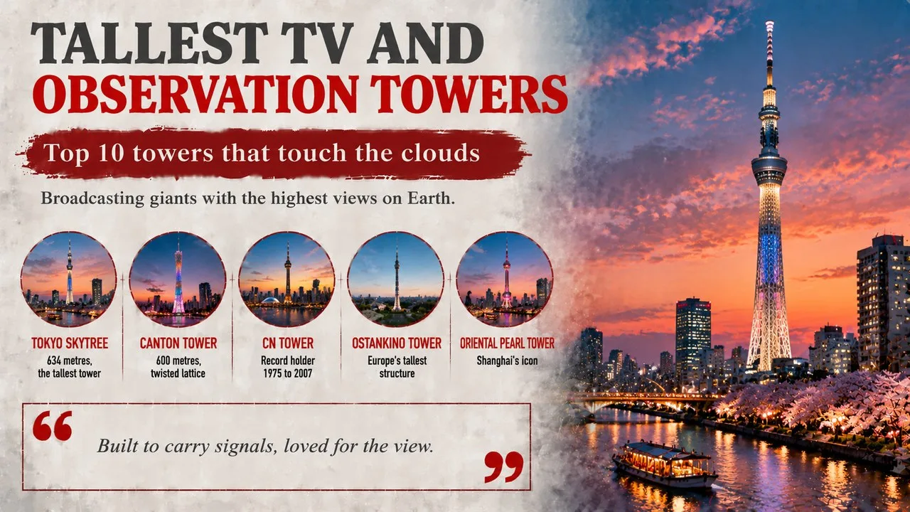 Infographic of the tallest TV and observation towers, showing Tokyo Skytree lit up at twilight above the Sumida River, with callouts for Tokyo Skytree, Canton Tower, CN Tower, Ostankino Tower and the Oriental Pearl Tower