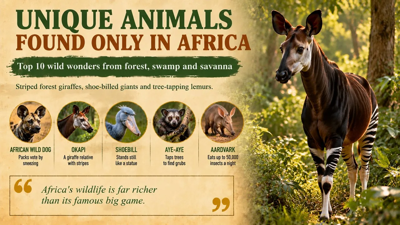 Infographic of unique animals found only in Africa, showing an okapi at a forest edge, with callouts for the African wild dog, okapi, shoebill, aye-aye and aardvark