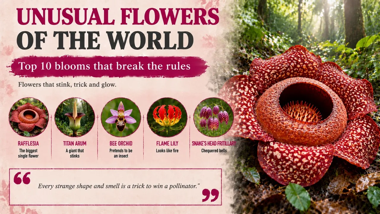 Infographic of unusual flowers of the world, showing a huge spotted Rafflesia flower on a rainforest floor, with callouts for Rafflesia, the titan arum, the bee orchid, the flame lily and the snake's head fritillary
