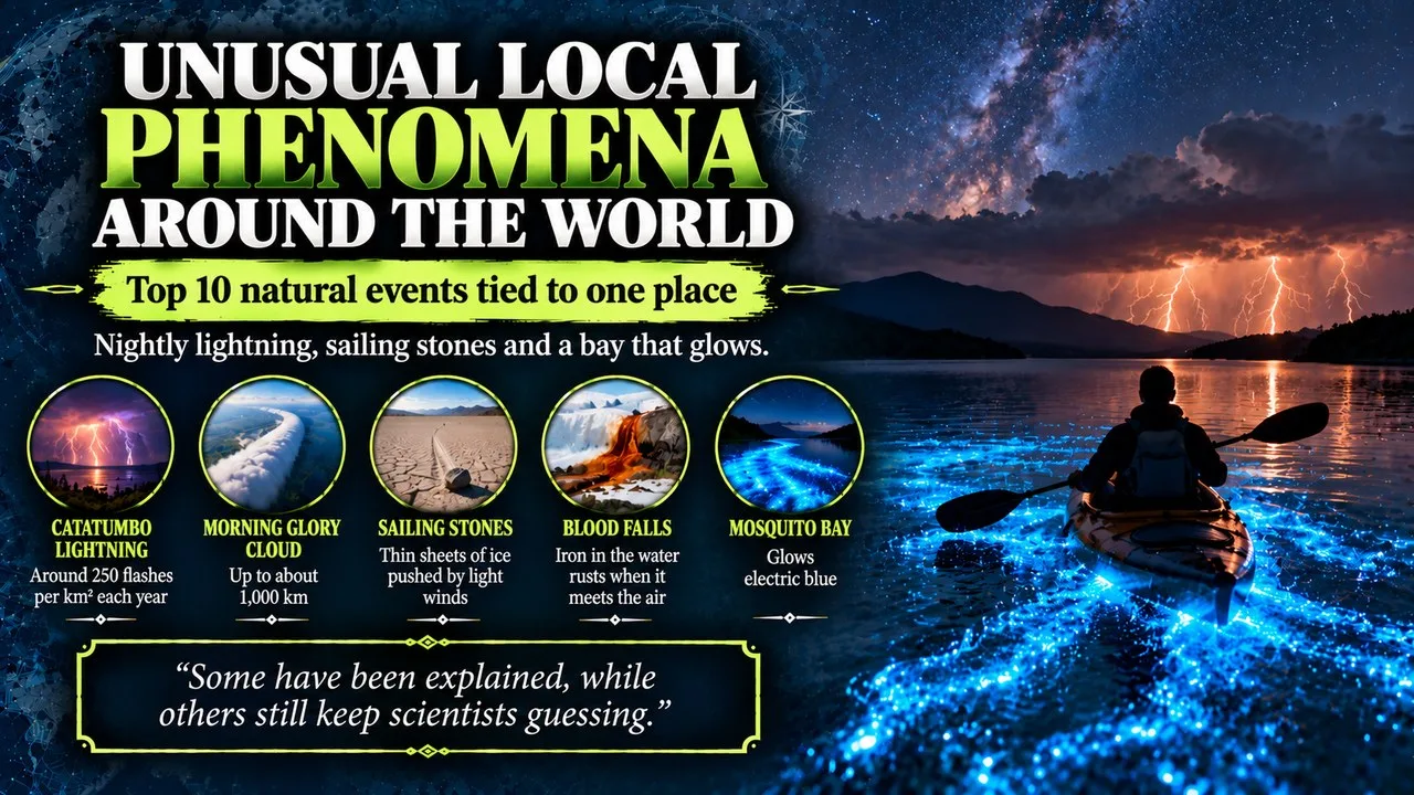 Infographic of unusual local phenomena around the world, showing a kayaker in glowing blue water at night with distant lightning, with callouts for Catatumbo lightning, the Morning Glory cloud, sailing stones, Blood Falls and Mosquito Bay