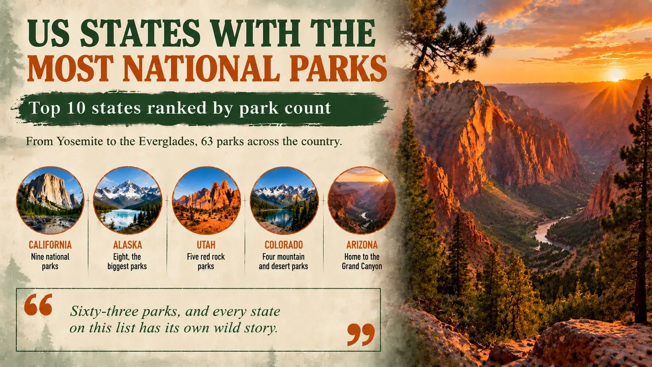 Infographic of US states with the most national parks, showing a red rock canyon framed by pine trees, with callouts for California, Alaska, Utah, Colorado and Arizona