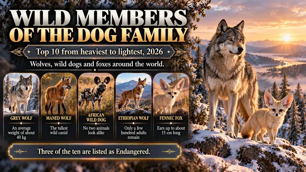 Infographic of wild members of the dog family, showing a grey wolf on a snowy ridge with a large-eared fox in front, with callouts for the grey wolf, maned wolf, African wild dog, Ethiopian wolf and fennec fox